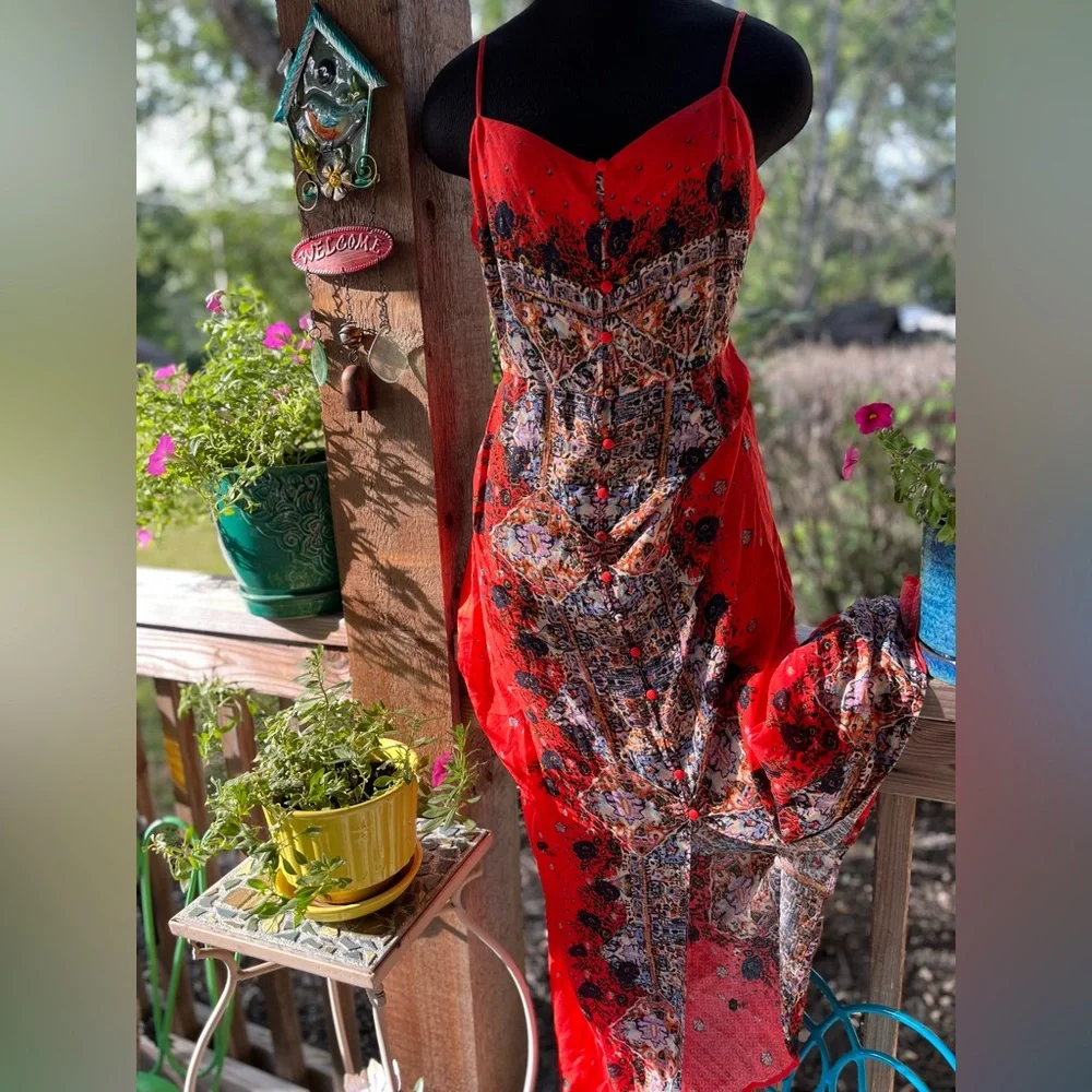 Free People Intimately Orange Multi-Color Artsy Spaghetti Strap Maxi Dress NWT - Picture 1 of 11